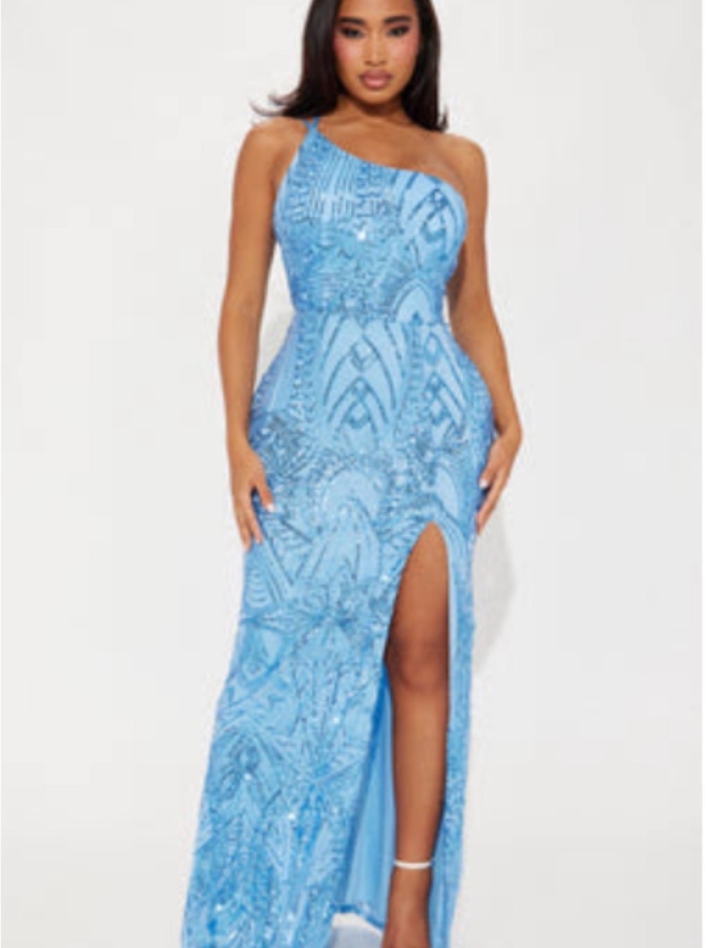 Fashion Nova One-Shoulder Light Blue Sequin Gown with Thigh Slit
